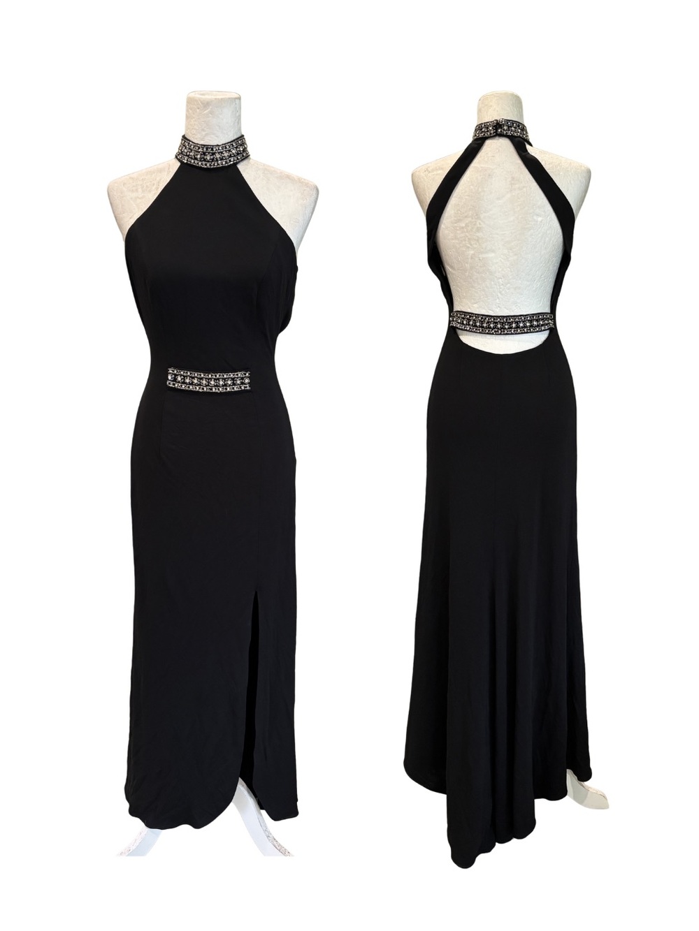 NWT Vintage Jovani 90s Black Crystal Halter Evening Gown Formal Dress Size 4